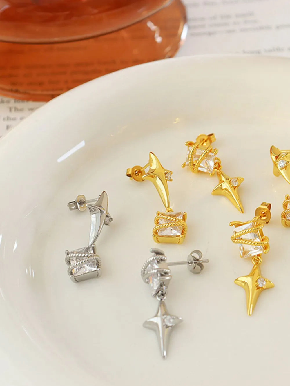 Zircon Copper Geometric Drop Earrings